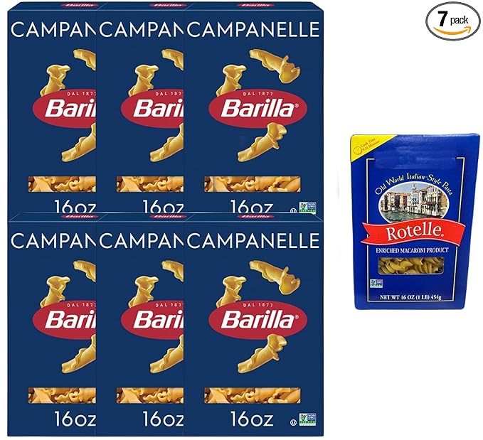 Barilla Campanelle Pasta | Non-GMO Pasta Made with Durum Wheat Semolina 16 oz (Pack of 6) &amp Market Basket Rotelle Pasta Italian-Style 12oz