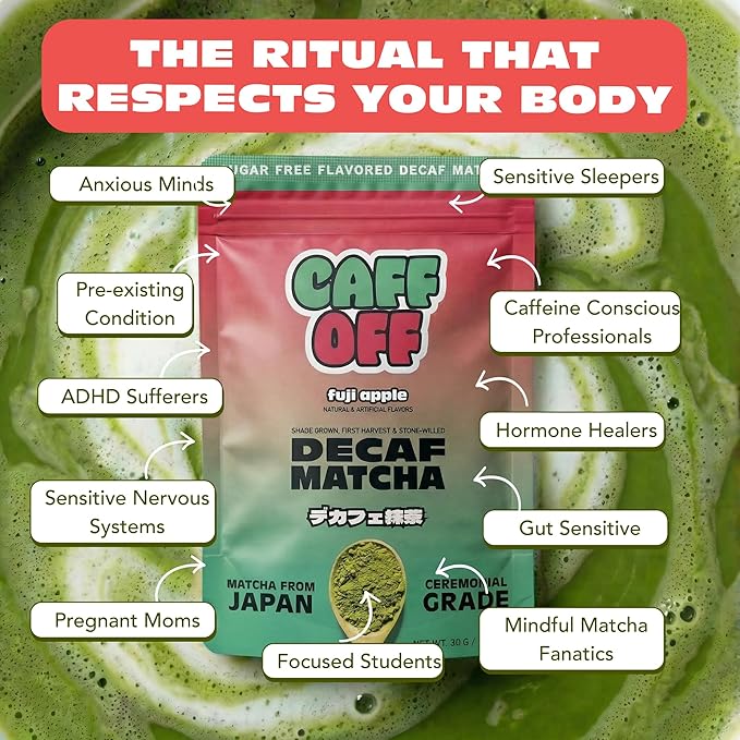 Caff Off Decaf Apple Matcha Green Tea Powder From Japan – 1.06 oz / 30 g – Ceremonial Grade &amp Sugar-Free – No Fillers or Milk Powders – Naturally Decaffeinated Without Chemicals – Tested for Heavy