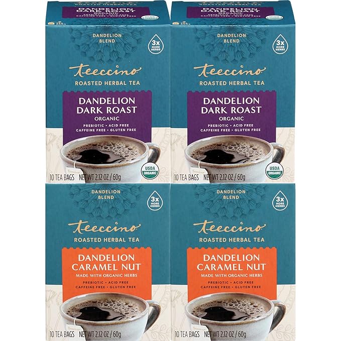 Dentello Tea Teeccino Dandelion Dark Roast and Dandelion Caramel Nut Tea Variety Pa ...