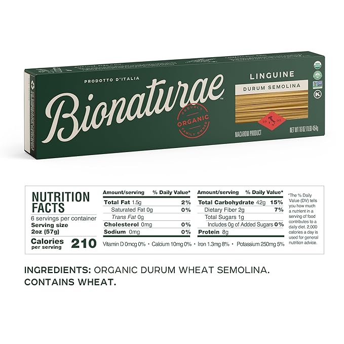 Bionaturae Linguine Pasta Noodles - Durum Semolina Pasta Kosher High Protein Non-GMO USDA Certified Durum Semolina Linguine Linguine Pasta Organic Crafted in Italy - 16 Oz 6 Pack