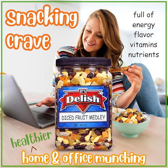 Dried Mixed Fruit Dices Medley - by Its Delish 40 OZ Jumbo Container | Healthy Snacks for Adults Kids &amp Pets | Fresh Cut Snack Mix Dry Fruit and Berries Trail Mix | Nut &amp Gluten Free Vegan