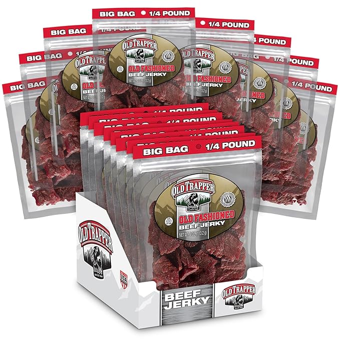 Old Trapper Beef Jerky Old-Fashioned 1/4-Pound Individual Package Tender Meat Snacks for Lunches or Between Meals 11 Grams of Protein Zero Grams of Fat 70 Calories per Serving (Pack of 8)