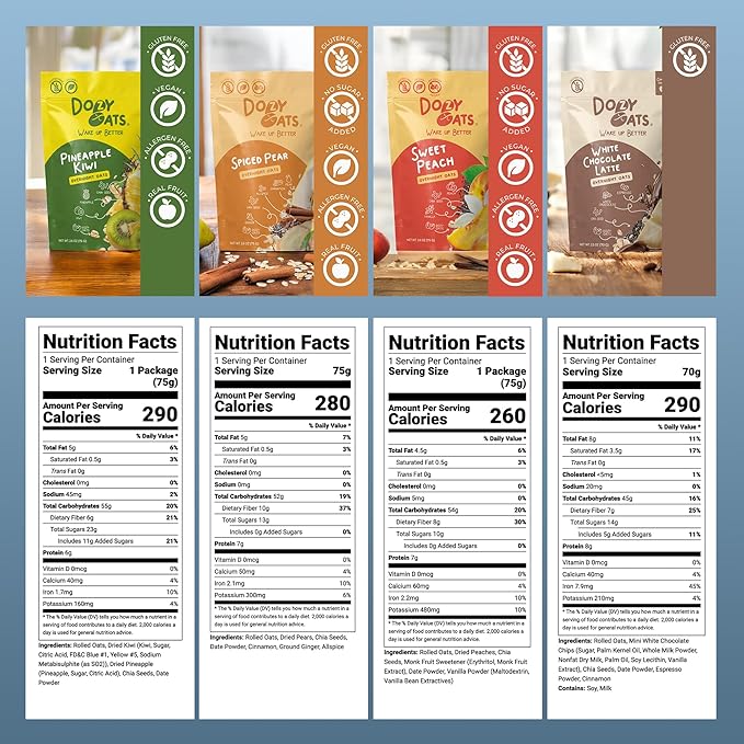 Dozy Oats Overnight Oatmeal Packets Sampler Box with Rolled Oats Chia Seeds Date Powder and Dried Fruit. Gluten-Free Natural Source of Protein and Fiber 16-Pack
