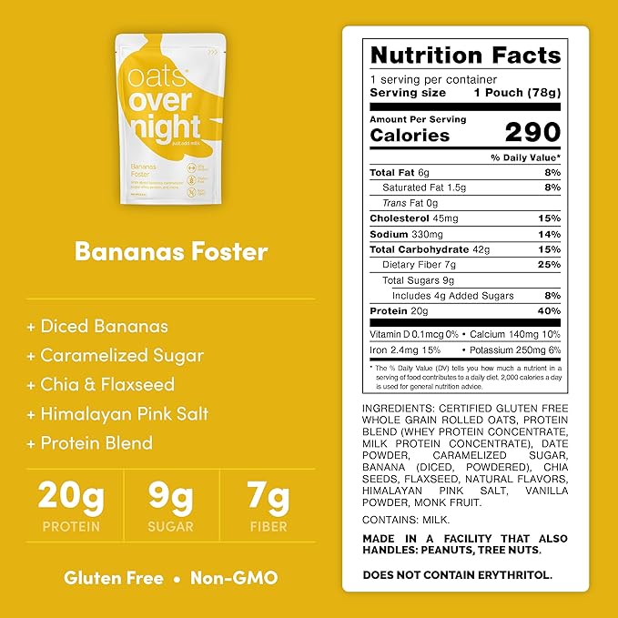 Oats Overnight Bananas Foster - Overnight Oats with 20g Whey Protein High Fiber Breakfast Protein Shake - Gluten Free Oatmeal Non GMO High Protein Oatmeal (2.8 oz per Meal) (8 Pack)