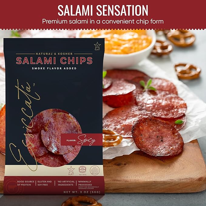 Meats Kosher Salami Chips - Sliced Sausage Charcuterie Meat - Natural Friendly - 2 oz Spicy 5 Pack