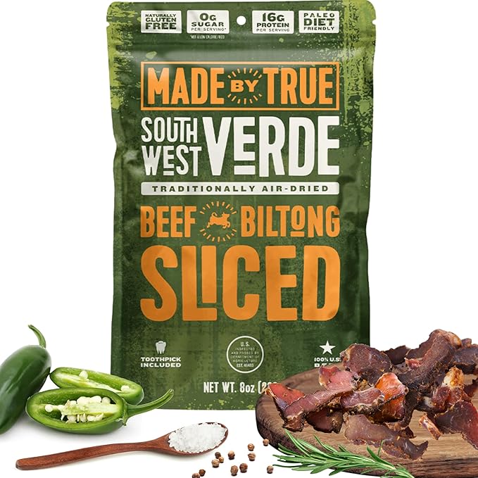 Made by True Beef Sliced Bites Southwest Verde (8 Ounce Pack of 1) - All Natural Zero-Sugar True Jerky Biltong - High Protein Keto Paleo &amp Whole 30 Diet - Sugar-Free Gluten-Free Carb-Free