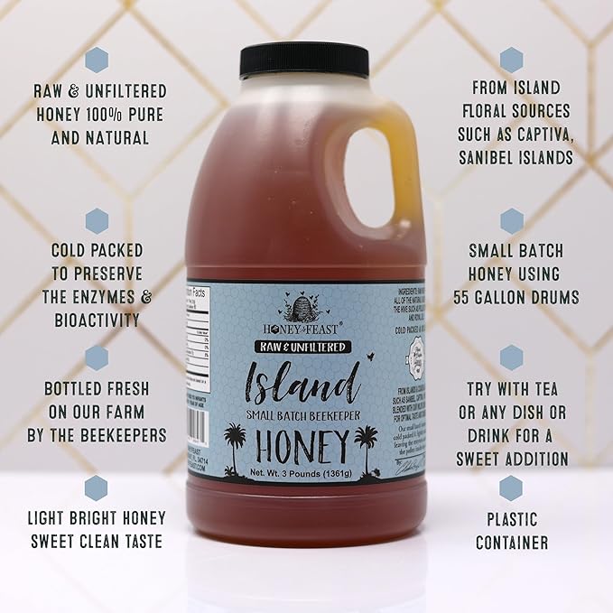 HONEY FEAST Island Honey 3 Pounds (Pack of 2) Raw &amp Unfiltered – Small-Batch Beekeeper’s Delight