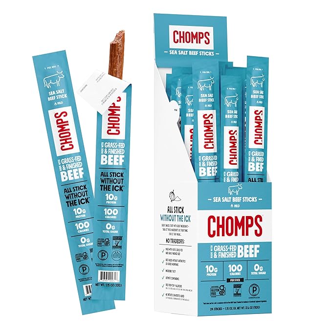 CHOMPS Grass Fed Sea Salt Beef Jerky Snack Sticks Keto Whole30 Paleo Gluten Free Sugar Free Low Carb AIP Diet Compliant 1.15 Oz Pack of 24