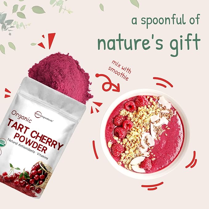 Organic Tart Cherry powder 4oz | 100% Natural Fruit Powder | US Grown Tart Cherries Source | No Sugar &amp Additives | Great Flavor for Drinks Smoothie &amp Beverages | Non-GMO &amp Vegan Friend