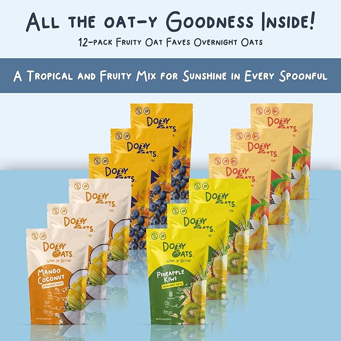 Dozy Oats Overnight Oatmeal Packets Fruity Faves Variety Box with Rolled Oats Chia Seeds Date Powder and Dried Fruit. Gluten-Free Natural Source of Protein and Fiber 12-Pack
