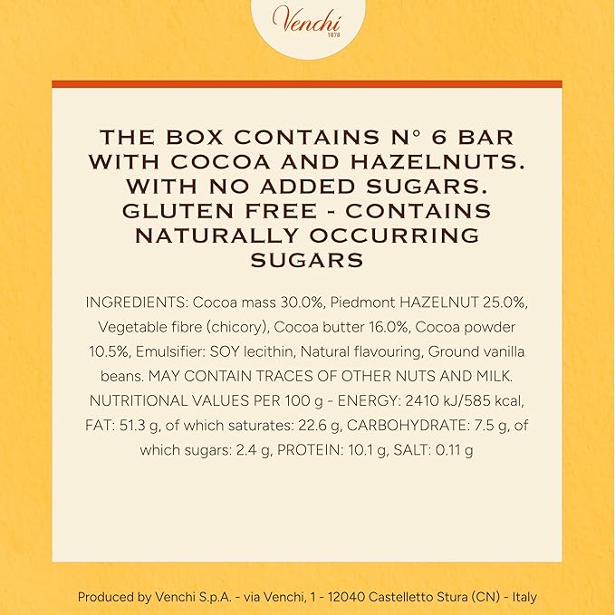 Venchi - Set of 6 Extra Dark Hazelnut Bars 21.16 oz - NO Added Sugar - NO Artificial Sweeteners - Gluten Free - Vegan - Great Gift Idea