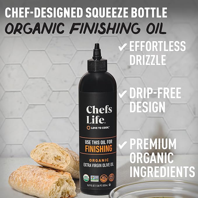 Chefs Life Organic Finishing Oil - 100% Extra Virgin Olive Oil Organic Olive Oil EVOO Perfect for Dressing Pure Single Origin Non GMO - 16.9 Fl Oz Squeezable Bottle (1 Pack)