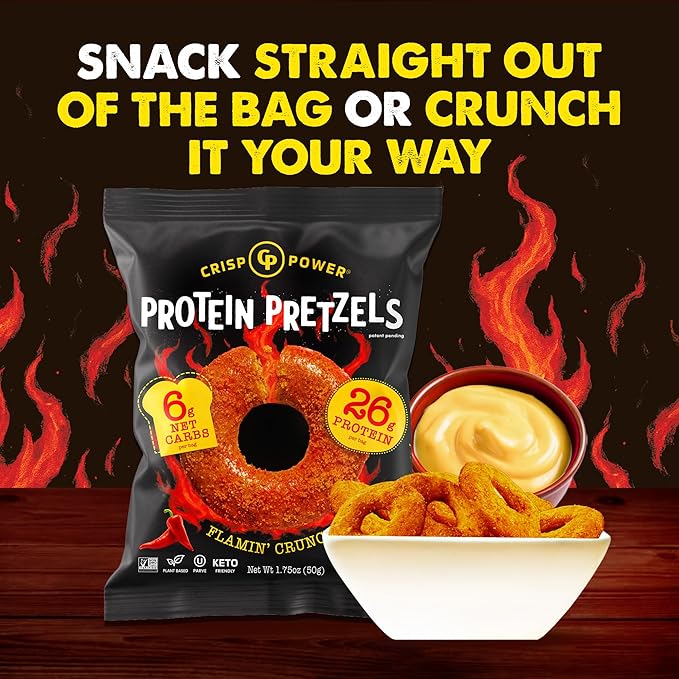 CRISP POWER Protein Pretzels NEW Flamin' Crunch 26G Protein High Protein Snack High Fiber Low Carb Crunchy Pretzel Snacks No Added Sugar 1.75 oz Bags 24 Pack Vegan Keto