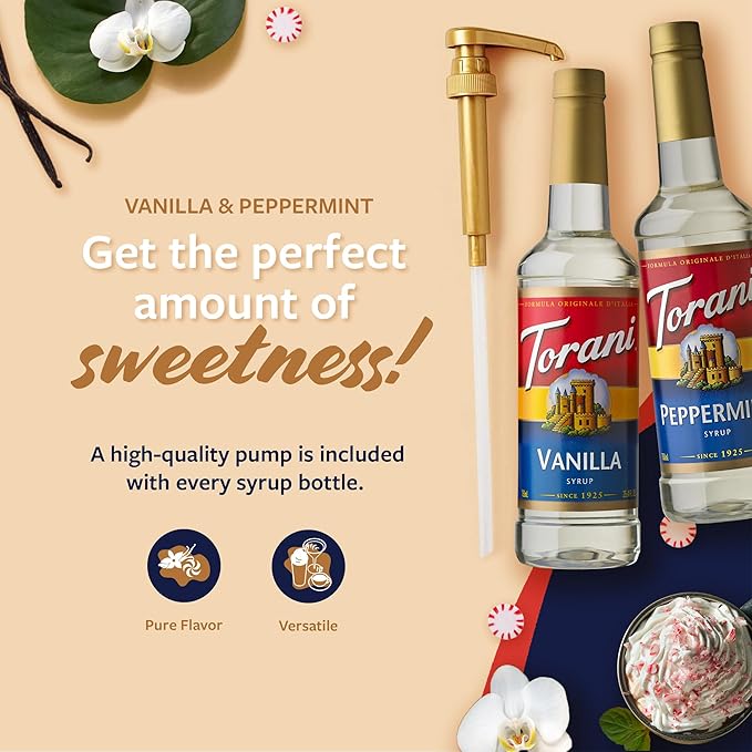 Torani Syrups Peppermint and Vanilla Syrup Variety 2-Pack Coffee Syrups for Drinks Pumps Included 25.4 Fl Oz Ea