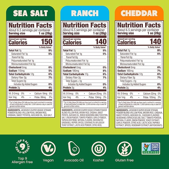 Jackson’s Super Veggie Straws Variety Pack (6.5 oz Pack of 6) – Ranch Cheddar Sea Salt – Gluten Free Made with Premium Avocado Oil Veggie Chips Snack Variety Pack Veggie Straws Individual Bags