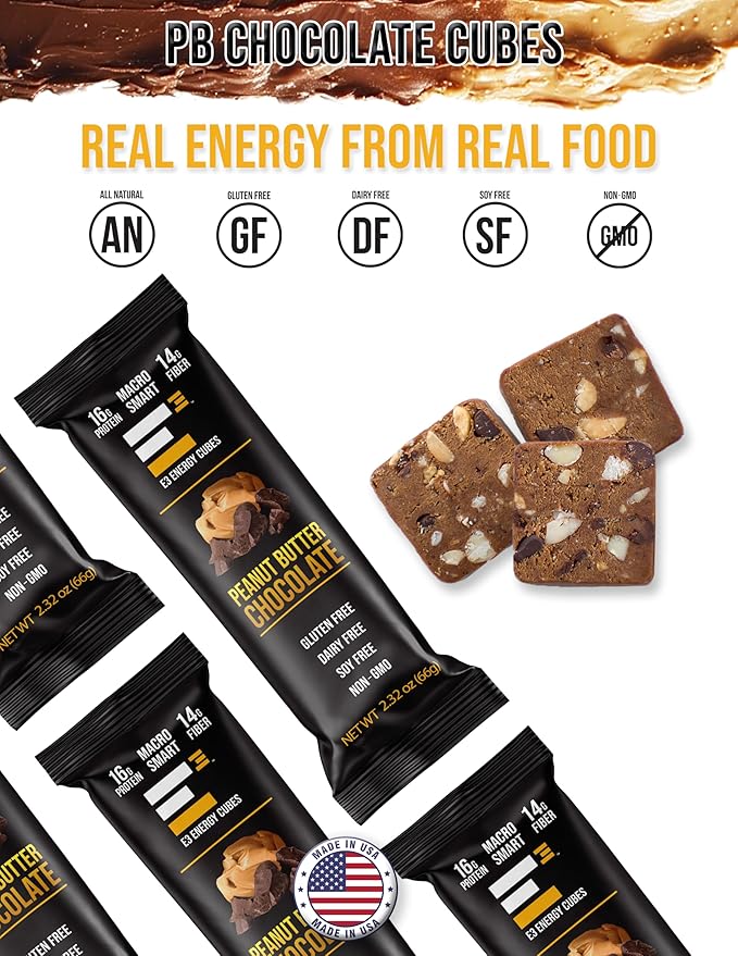 E3 Energy Cubes- Peanut Butter Chocolate Refrigerated Protein Bars | Gluten-Free Dairy-Free Soy-Free Egg White Protein Non-GMO PreBiotic Fiber | Healthy Snack Bars | Made in USA Pack of 12