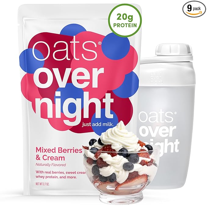 Oats Overnight Mixed Berries &amp Cream - Overnight Oats with 20g Protein High Fiber Breakfast Protein Shake - Gluten Free Oatmeal Non GMO High Protein Oatmeal (2.8 oz per meal)(8 Pack + Shaker Bot