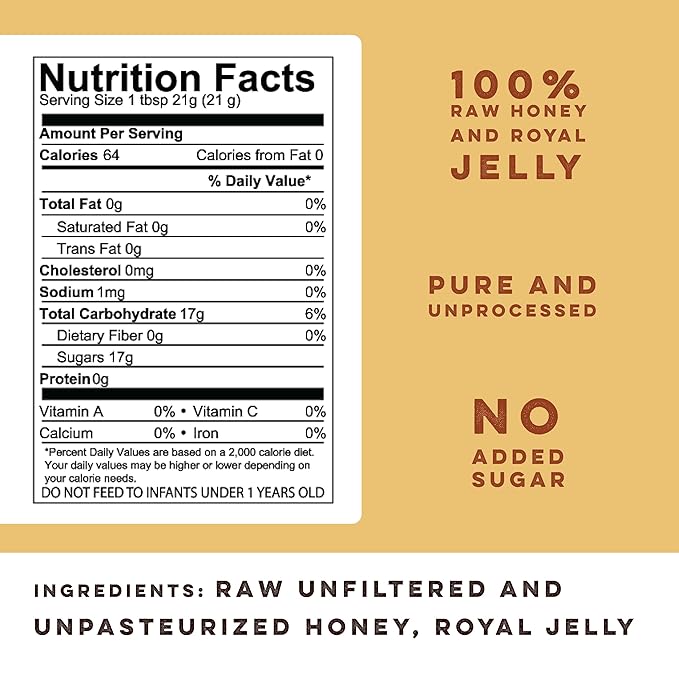 Goshen Honey Raw Royal Jelly Honey - With 25g of Royal Jelly - Unfiltered - Unprocessed - Pure &amp Natural Bee Essence from Amish Country USA - For Natural Energy - Dairy &amp Gluten Free - 454g/1