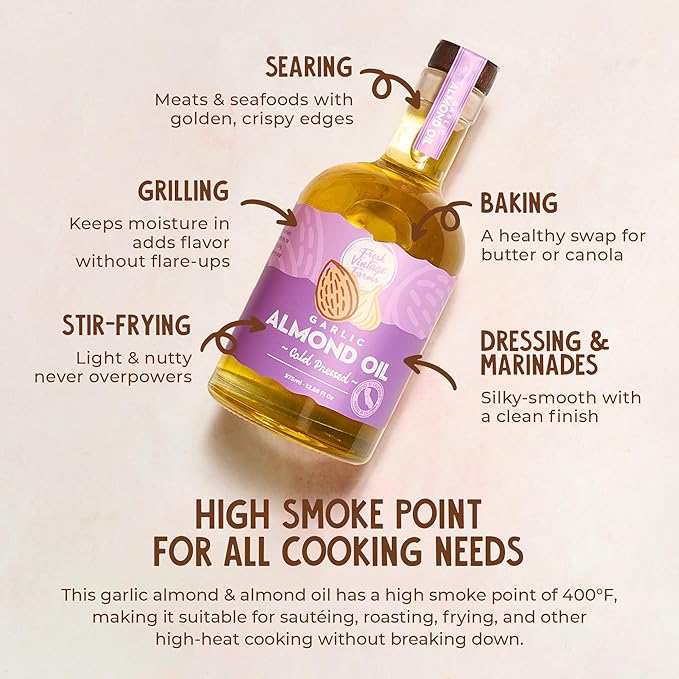 Fresh Vintage Farms Nut Bundle 100% Cold Pressed Almond &amp Garlic Almond Cooking Oils | Cold Pressed &amp Nutritious Healthy Oils for Cooking Baking Dipping Salads &amp Marinades | 375ml Pac