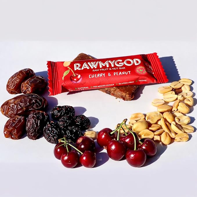 RAWMYGOD Fruit and Nut Bars Gluten Free Vegan No Added Sugar (16 bars Cherry &amp Peanut)