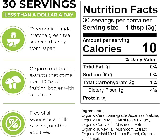 Inner Elevate Mushroom Matcha - Organic Ceremonial-Grade Matcha Powder with 4 Superfood Mushrooms - Adaptogenic Mushroom Tea Drink with Lion's Mane Cordyceps Turkey Tail Reishi (30 Servings)