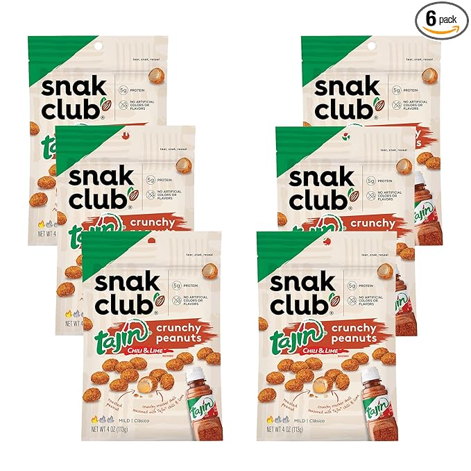 Snak Club Tajin Crunchy Peanuts Nuts with Chili and Lime Seasoning Mild No Artificial Colors or Flavors 4 oz Resealable Bags 6 Pack
