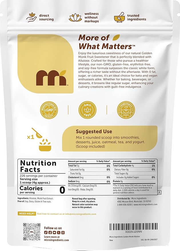 Micro Ingredients Golden Monk Fruit Sweetener with Allulose 2 lbs | 1:1 Brown Sugar Substitute No Erythritol No Aftertaste | Zero Calorie Sugar Alternative for Baking Coffee &amp Tea | Keto Vega