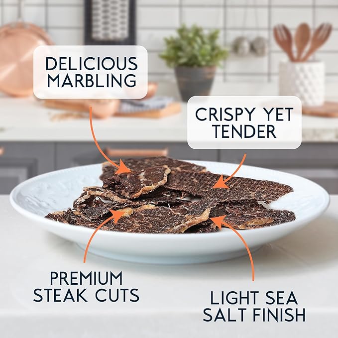 Wild Society - Caveman Eats - Grass Fed Ribeye Steak Slices - 95g Protein - Only Steak &amp Salt - 2 Ingredients - Air dried Beef Jerky Carnivore Snacks Crisps - Sugar Free Gluten Free Keto Paleo