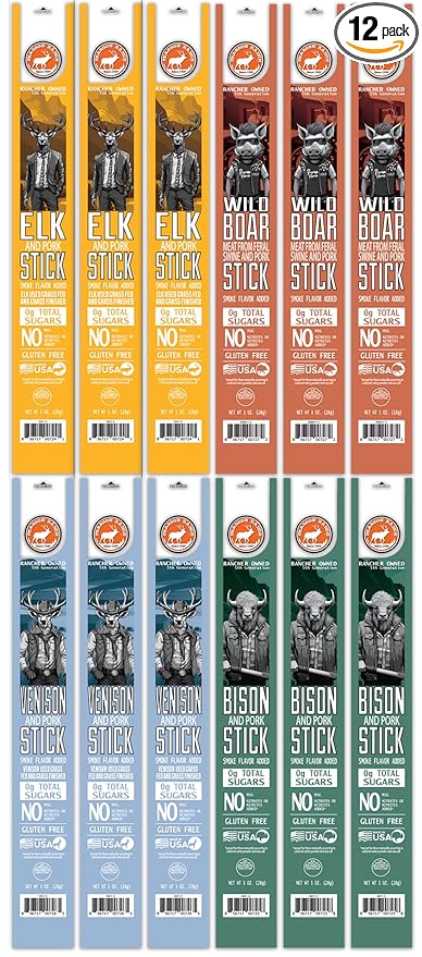 PEARSON RANCH Meat Sticks Variety - Elk Bison Venison Wild Boar - Exotic Jerky Sticks No Added Nitrites High-Protein Paleo &amp Keto Friendly Meat Snacks 1oz sticks Pack of 12