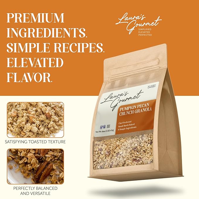 Laura's Gourmet Granola - Pumpkin Pecan Crunch - Gluten Soy &amp Dairy Free - Organic Premium Honey Pecan Halves &amp Spices Artisan Chef's Trifecta of Taste Texture &amp Mouthfeel - 16 OZ