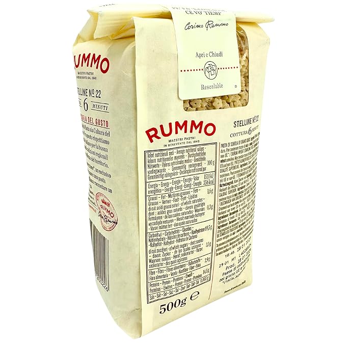 Rummo Stelline Pasta Stars from Italy 1.1 lb. (500g)(Pack of 2) Pastina Pasta Stars - Stellini - Similar to Ditalini Anellini Anelletti - Tubetti Rings - Soup - Tiny Star - Bronze Cut - Slow Dried