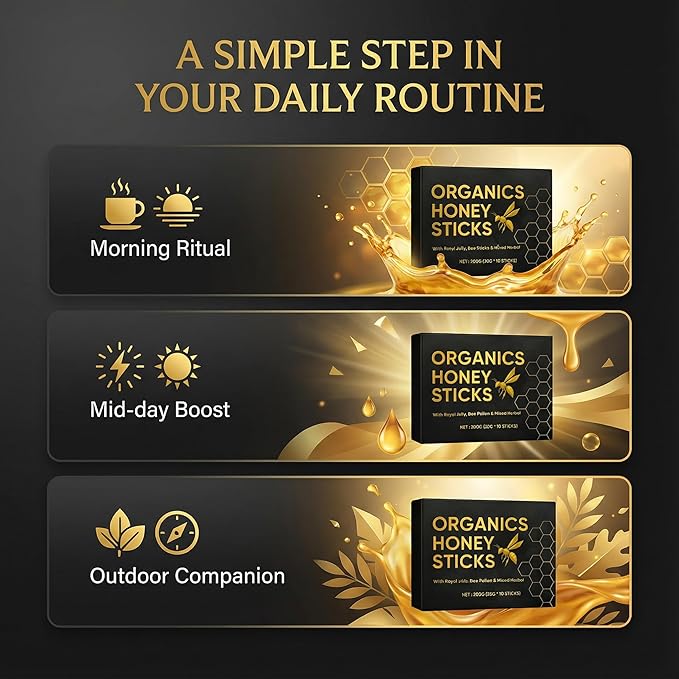 Organics Honey Sticks - Black Honey for Men Natural Energy &amp Vitality Packs Made from Royal Jelly Bee Pollen &amp Powerful Herbal Extracts Male Wellness &amp Daily Support - 10 Sticks
