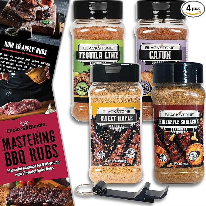 Blackstone Tequila Lime Sweet Maple Pineapple Sriracha Crazy Cajun Seasoning - Griddle Premium BBQ Barbecue Rub 4 Pk Choice Bundle (30.2 oz) + BBQ Guide &amp Opener (6 Items)!