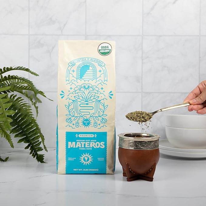 Materos Premium Loose Leaf Yerba Mate Tea - Organic Unsmoked Smooth Traditional Taste from South Brazil - Medium Cut Ideal Hot Drink for Cold Weather Pure Natural Energy &amp Focus - 2 LBs