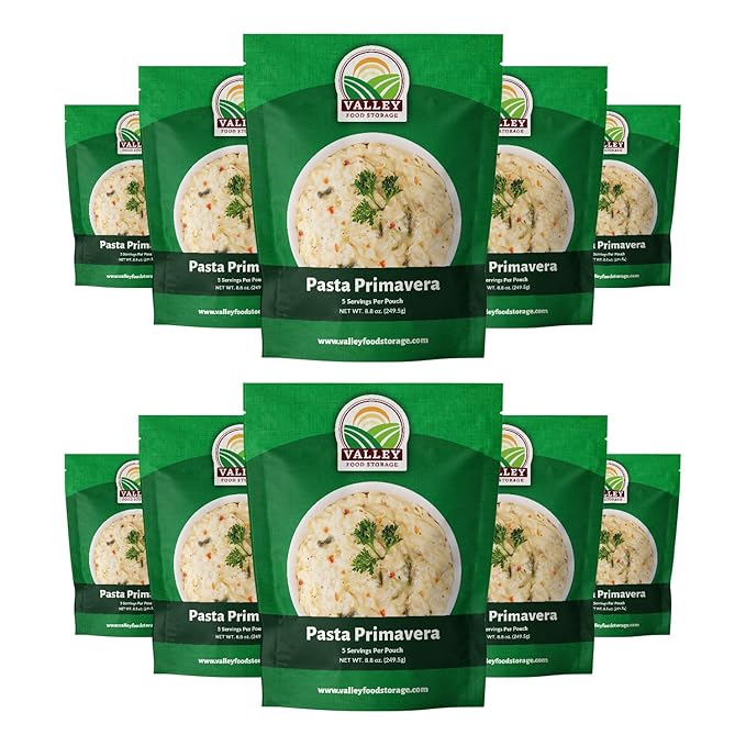 Valley Food Storage Pasta Primavera | 10-Bag Bucket 50 Servings | Non-GMO Premium Emergency Food Supply 25 Year Shelf Life | Survival Meal Kits Prepper Food &amp Off-Grid Living Supplies Packaged