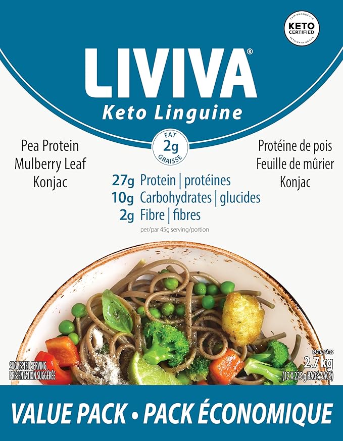 LIVIVA Low Carb High Protein KETO Value Pack Shirataki Pasta – 135 g Protein per Box with Pea Protein &amp Konjac Flour - 8g Net Carbs Diabetic-Friendly - Healthy Al Dente Pasta (12 Pack Linguine P
