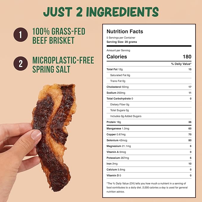 Grazly Beef Brisket Slab – Grass-Fed &amp Finished | Only Meat &amp Salt Soft &amp Buttery Texture | High-Protein Carnivore Snack | Made from 1lb Raw Brisket | 5oz On-the-Go Snack Pack