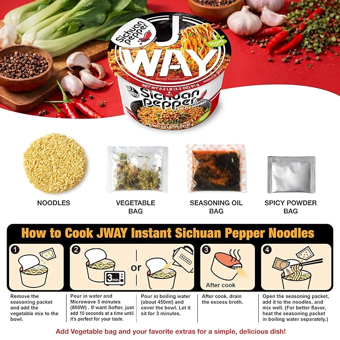 JWAY Sichuan Pepper Stir Fry Noodles Deep-fried Instant Ramen with Chili Oil Spicy Dry Tossed Noodles Real Vegetable Pack Rich Chili Flavor Quick &amp Easy Ready Meal 3.20 oz (Pack of 12)