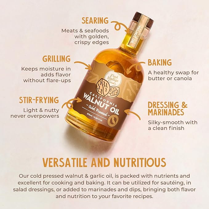 Fresh Vintage Farms Nut Bundle 100% Cold Pressed Walnut &amp Garlic Almond Cooking Oils | Cold Pressed &amp Nutritious Healthy Oils for Cooking Baking Dipping Salads &amp Marinades | 375ml Pac