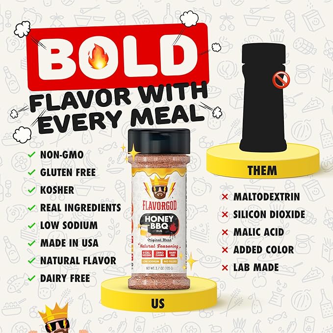 Honey BBQ Rub Mix 2 Bottles by Flavor God - Premium All Natural &amp Healthy Spice Blend for Grilling Chicken Beef Chili Seafood Vegetables &amp Salad - Kosher Gluten-Free Dairy-Free Steak R