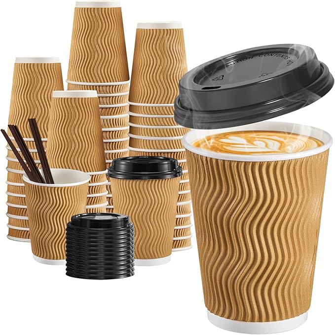 SIUQ 12 oz Coffee Cups-90 Pack Disposable Coffee Cups with Lids and Straws Insulated Ripple Wall To Go Paper Coffee Cup for Coffee Hot Chocolate and Hot Tea Drinks - Champagne