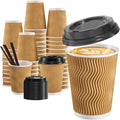 SIUQ 12 oz Coffee Cups-90 Pack Disposable Coffee Cups with Lids and Straws Insulated Ripple Wall To Go Paper Coffee Cup for Coffee Hot Chocolate and Hot Tea Drinks - Champagne