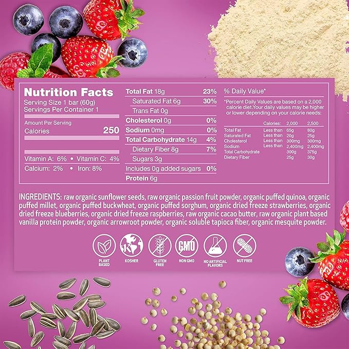 Rawmantic Berry Energy Bar (12 Mini Bars x 60g) – Organic Passion Fruit &amp Mixed BerriesPuffed Quinoa Sorghum Millet &amp Buckwheat - No Artificial Flavors Plant-Based Non-GMO &amp Kosher