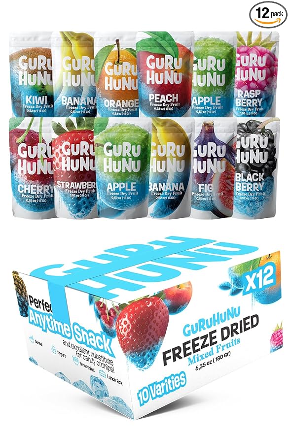 GURU HUNU Freeze Dried Fruit Mix 12 Individual Packs Healthy Fruit Snacks - Variety Pack Dehydrated Fruit Chips Camping Snacks Mixed Fruit - Bulk Dried Fruit No Sugar Added Dry Fruit Snacks Healthy G