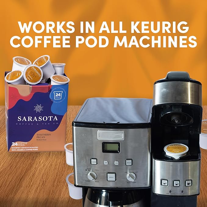 Sarasota K-Cup Coffee Pods | Medium Roast Flavored Coffee | Southern Pecan Crunch | Single Serve for Keurig Brewers | Gourmet Low Acid Mold Free | 24 Count