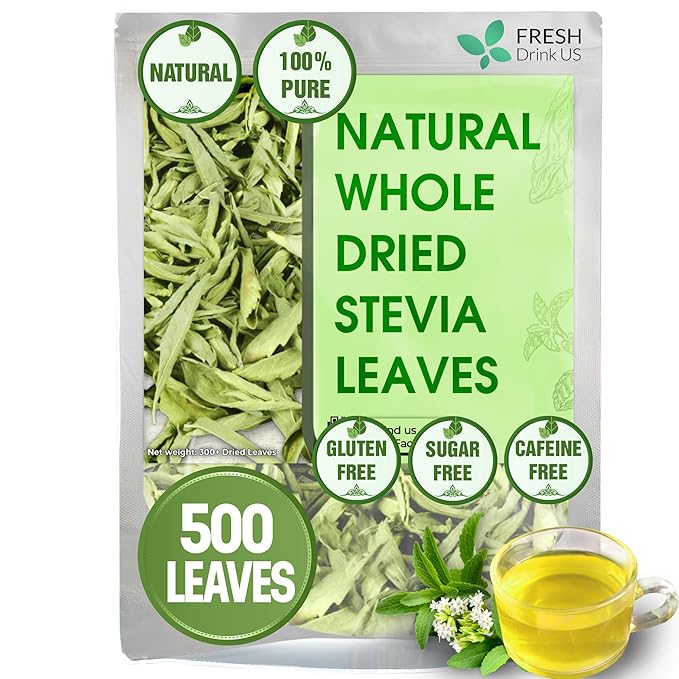 FreshDrinkUS Premium 500+ Natural Stevia Leaves Whole Dried Leaves 100% Pure Stevia Dried Leaves Zero Calorie Sweetener No Additives No Caffeine Vegan
