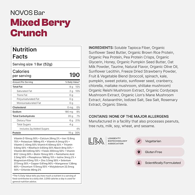 Novos Longevity Protein Bar | 15g Protein 20 Superfoods 5 Longevity Ingredients for Men &amp Women | Supports Skin Mind &amp Mood | Mixed Berry Crunch (12-Pack)