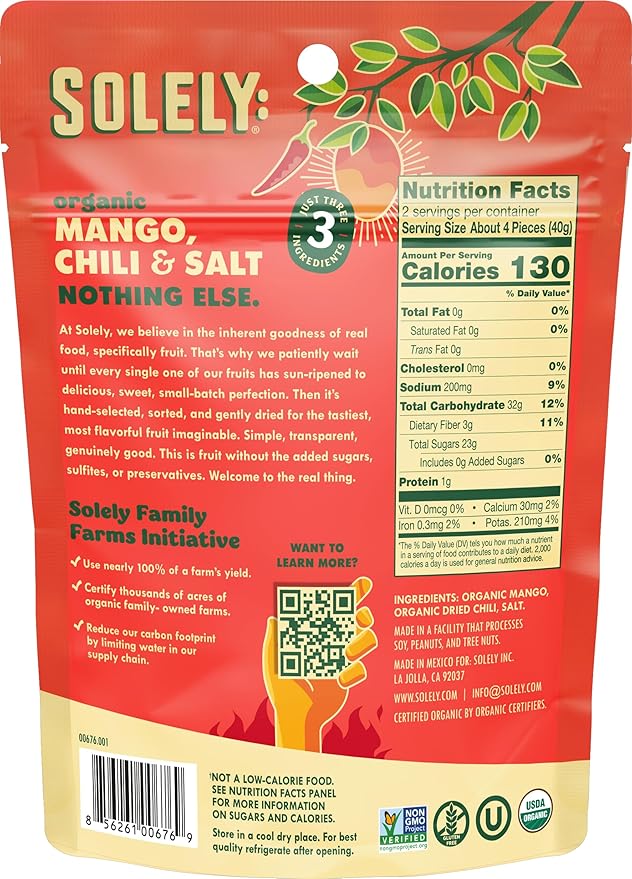 SOLELY - Organic Dried Mango Strips with Chili and Salt (2.8 oz Resealable Bags Pack of 4) Real Fresh Fruit - Healthy Snacks for Adults &amp Kids - Non GMO Vegan Snacks Shelf Stable - 4 Bags (11.2