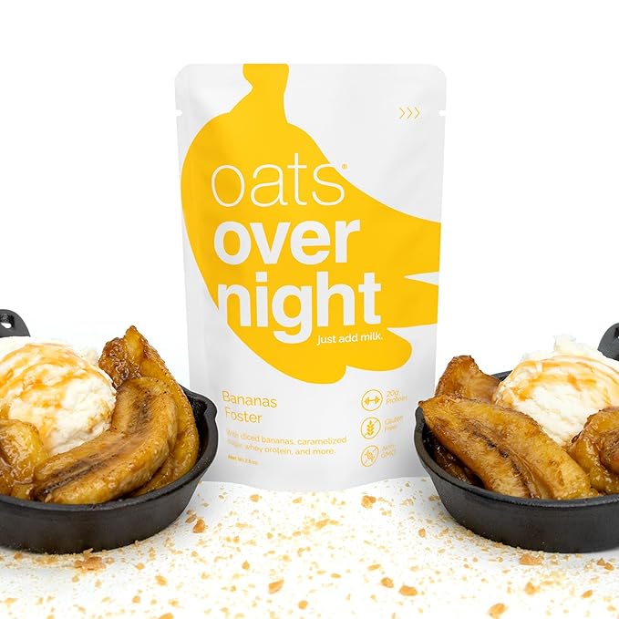 Oats Overnight Bananas Foster - Overnight Oats with 20g Whey Protein High Fiber Breakfast Protein Shake - Gluten Free Oatmeal Non GMO High Protein Oatmeal (2.8 oz per Meal) (8 Pack)