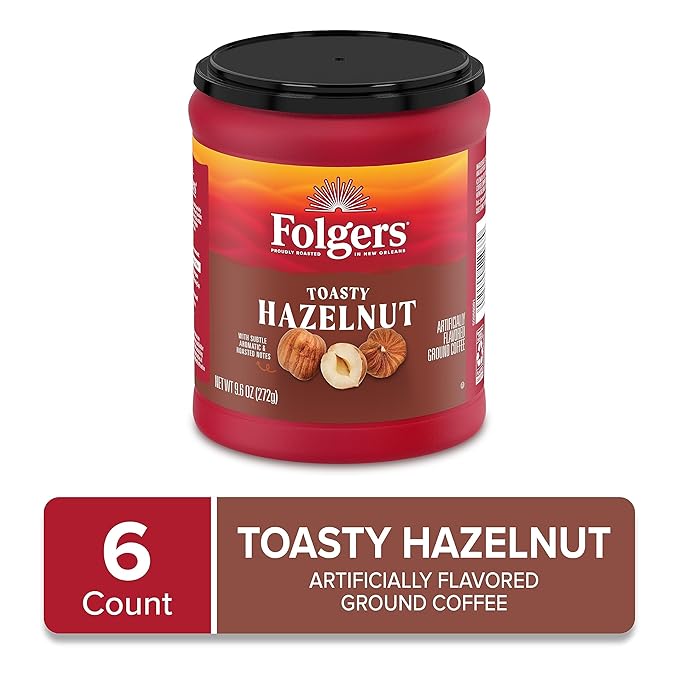 Folgers Toasty Hazelnut Flavored Ground Coffee Medium Roast 9.6 Ounce Canister (Pack of 6)